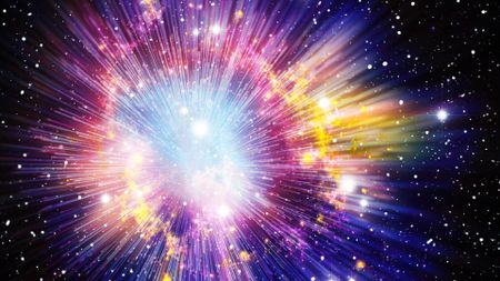 An illustration of the Big Bang, with purple, blue and yellow colors spread out from a white glowing light with straight rays coming out in all directions, all over a starry black background.