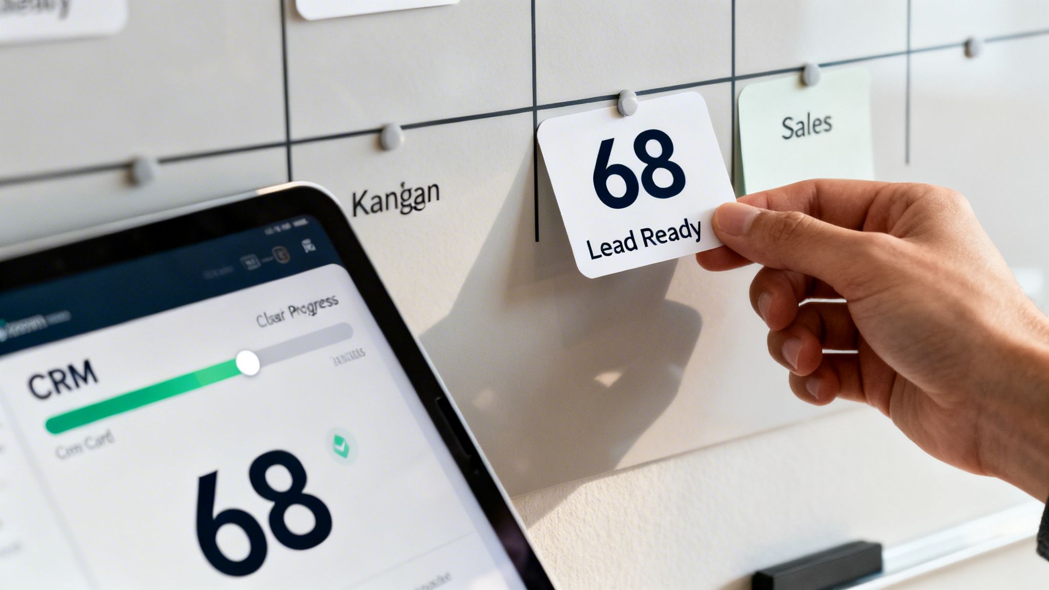 A hand places a '68 Lead Ready' card on a physical kanban board, while a tablet displays a digital CRM.