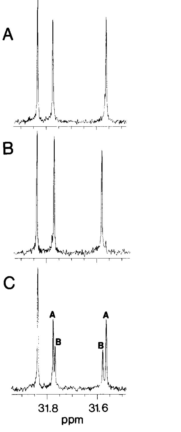 Fig. 4. C-13 NMR spectra of w-3 carbon atoms ROCO(CH)),, -CH>-CH,CH, in triglycerides. A, 1-docosanoyl-2-decanoyl- 3-octanoylglycerol (7); B, 1-docosanoyl-2-octanoylglycerol (8); C, mixture of (7) and (8) in a 2:1 ratio. 