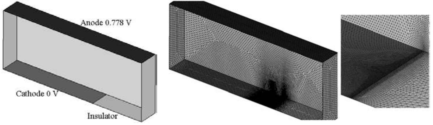 Fig. 3 — Geometry of the electrochemical cell in the vicinity of the singularity (right) and the triangular surface mesh of the computational domain (left).  The cell in the experimental set-up [2] and simulations [2, 7] is given in Fig 3 (left). The distance between the cathode and anode is 12 cm. The length of the cathode and anode is 19.9 respectively 30.7 cm. The reactor’s width is 0.79 cm. 