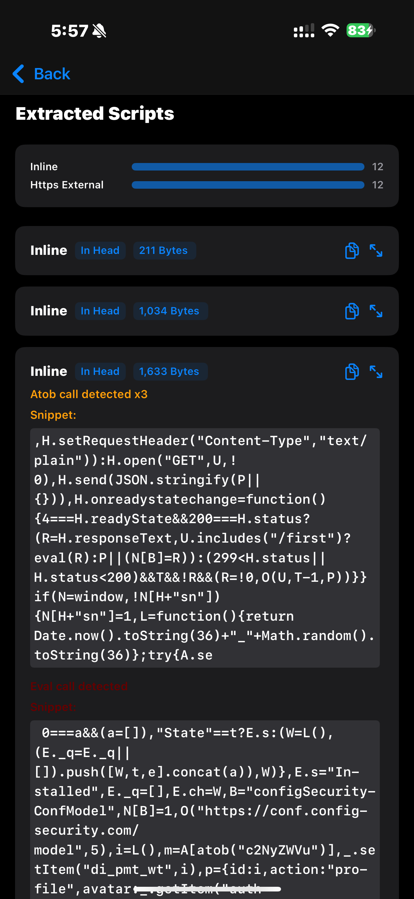 Inline script detail with extracted snippet of risky functions