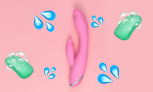 pink sex toy surrounded by water drop and soap emojis
