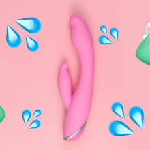 pink sex toy surrounded by water drop and soap emojis