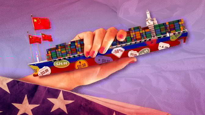 a hand holds a container ship like an adult toy