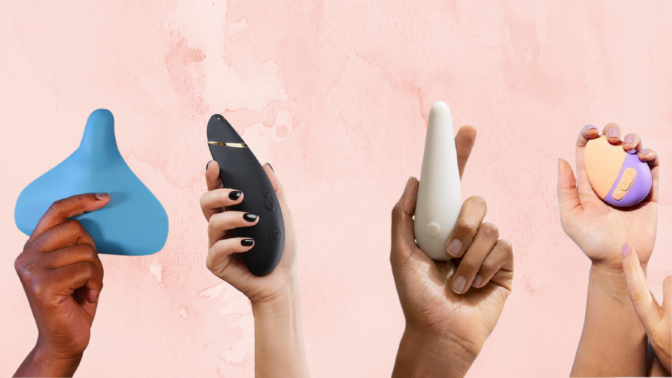 four hands holding vibrators for women