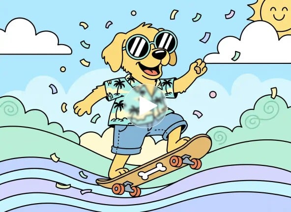 Ein Cartoon-Hund fährt Skateboard