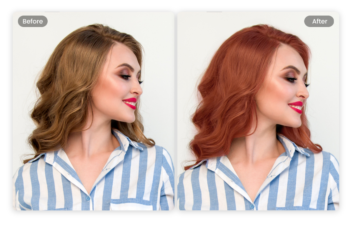 Cambie el peinado femenino por el corte de pelo de capas largas con textura y cambie el color del cabello a color naranja en la fotor