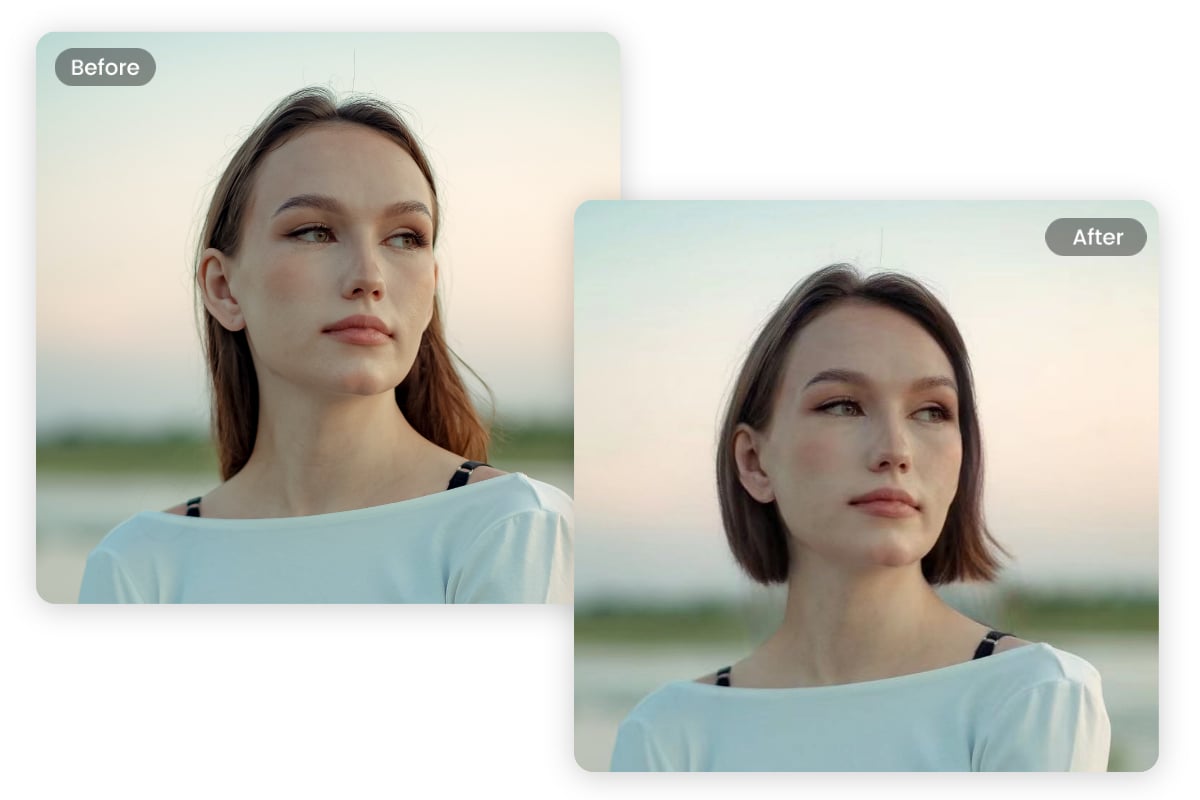 Transforma el cabello largo de una mujer en cortes de cabello medio bob usando el cambiador de peinado en línea de Fotor.