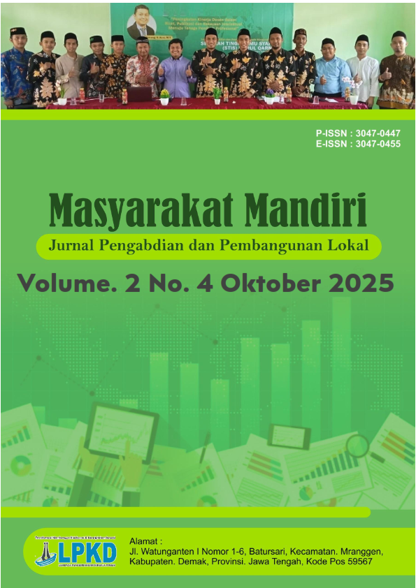 					View Vol. 2 No. 4 (2025): Oktober: Masyarakat Mandiri : Jurnal Pengabdian dan Pembangunan Lokal
				