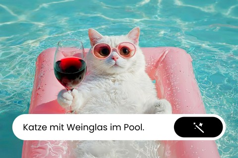 Text eingeben und ein Bild einer Katze im Pool mit Weinglas zu erstellen