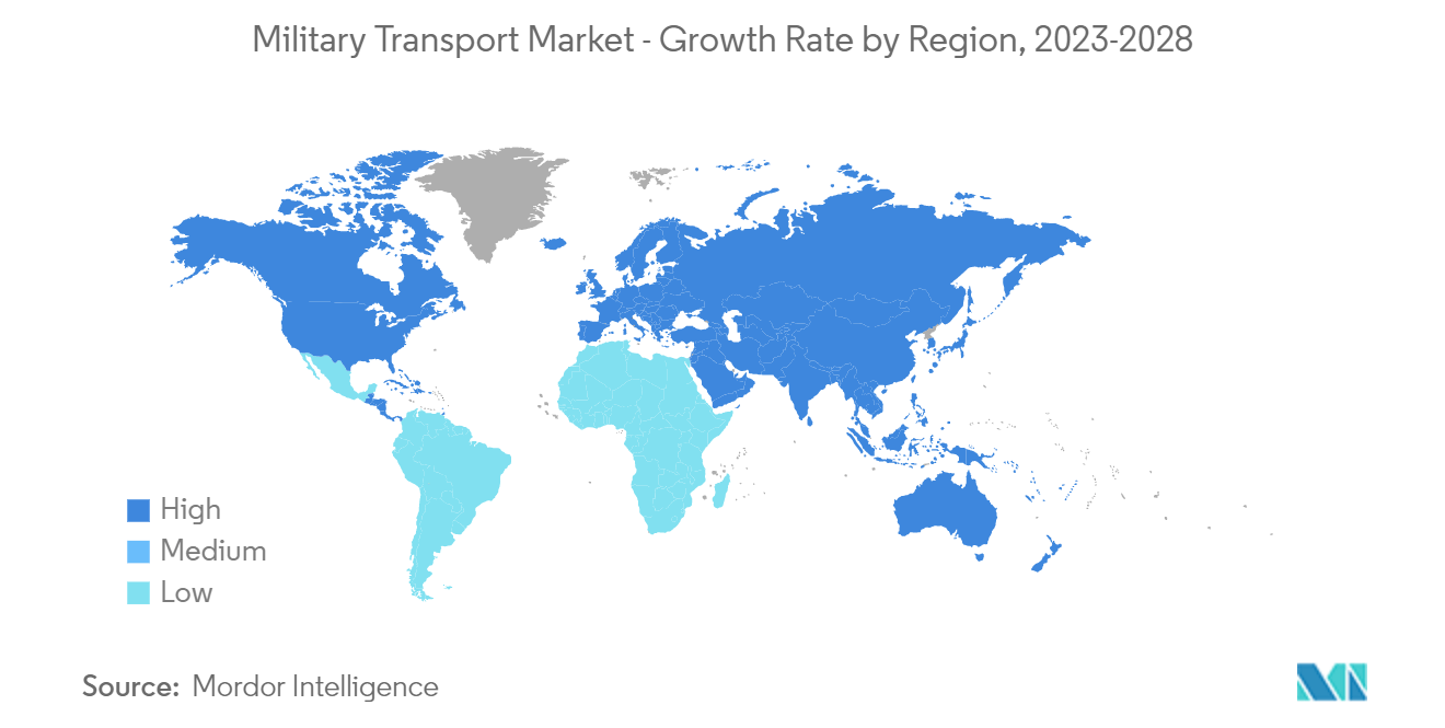 Markt für militärische Transportflugzeuge Trends Markt für militärische Transportflugzeuge Markt für militärische Transportflugzeuge - Wachstumsrate nach Regionen, 2023-2028