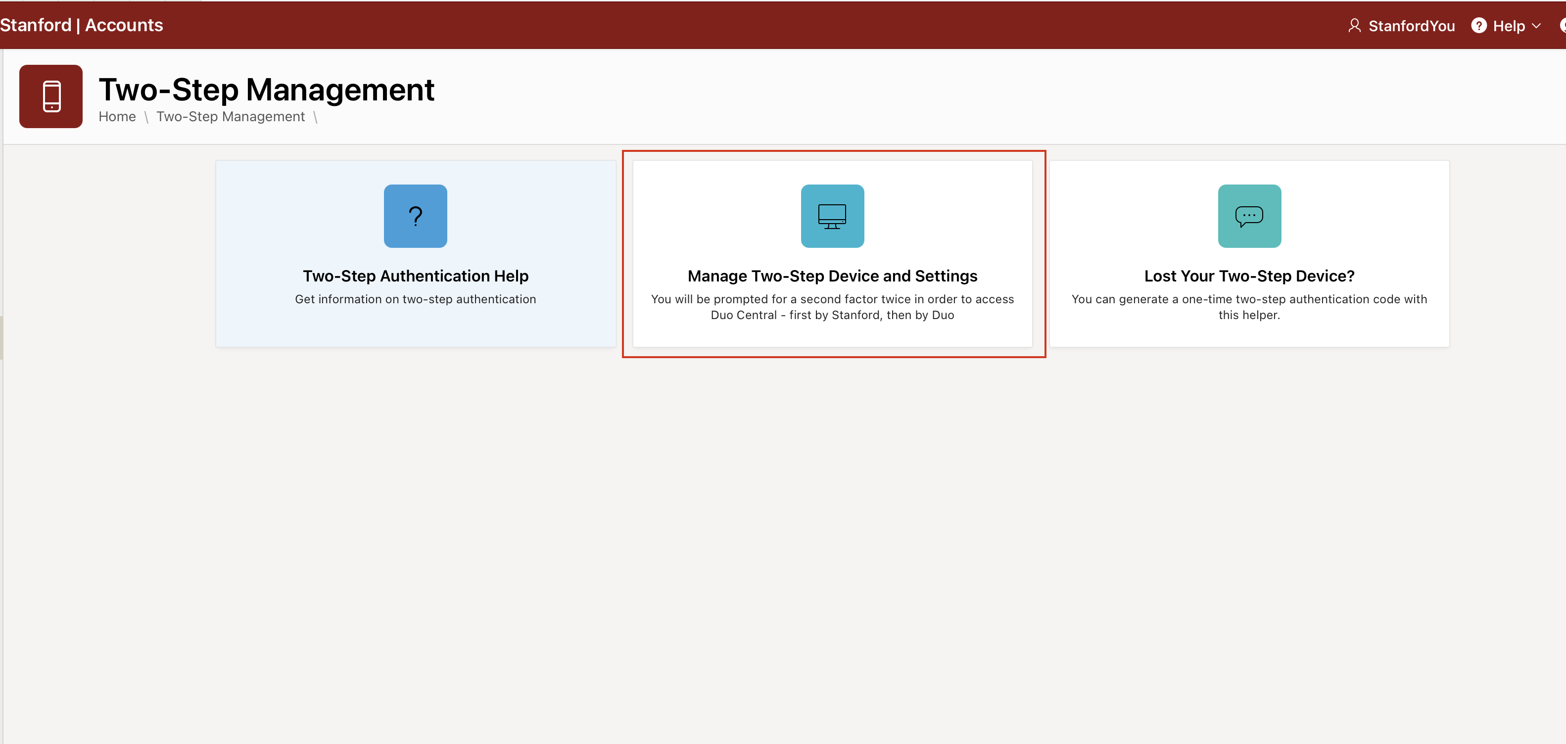 Two-Step Management screen highlighting to select Manage Two-Step Device and Settings