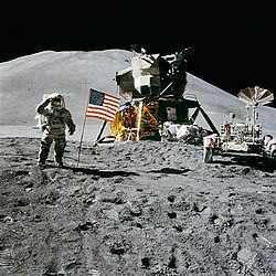 Apollo 15 Lunar Module Pilot James Irwin salutes the U.S. flag