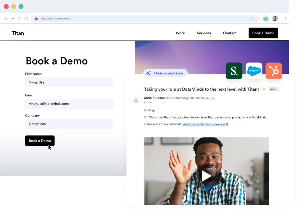 A collage of screenshots showing Vidyard's Video Sales Agent. It shows a video thumbnail featuring a smiling man, as well as a sample form where a prospect can book a demo.
